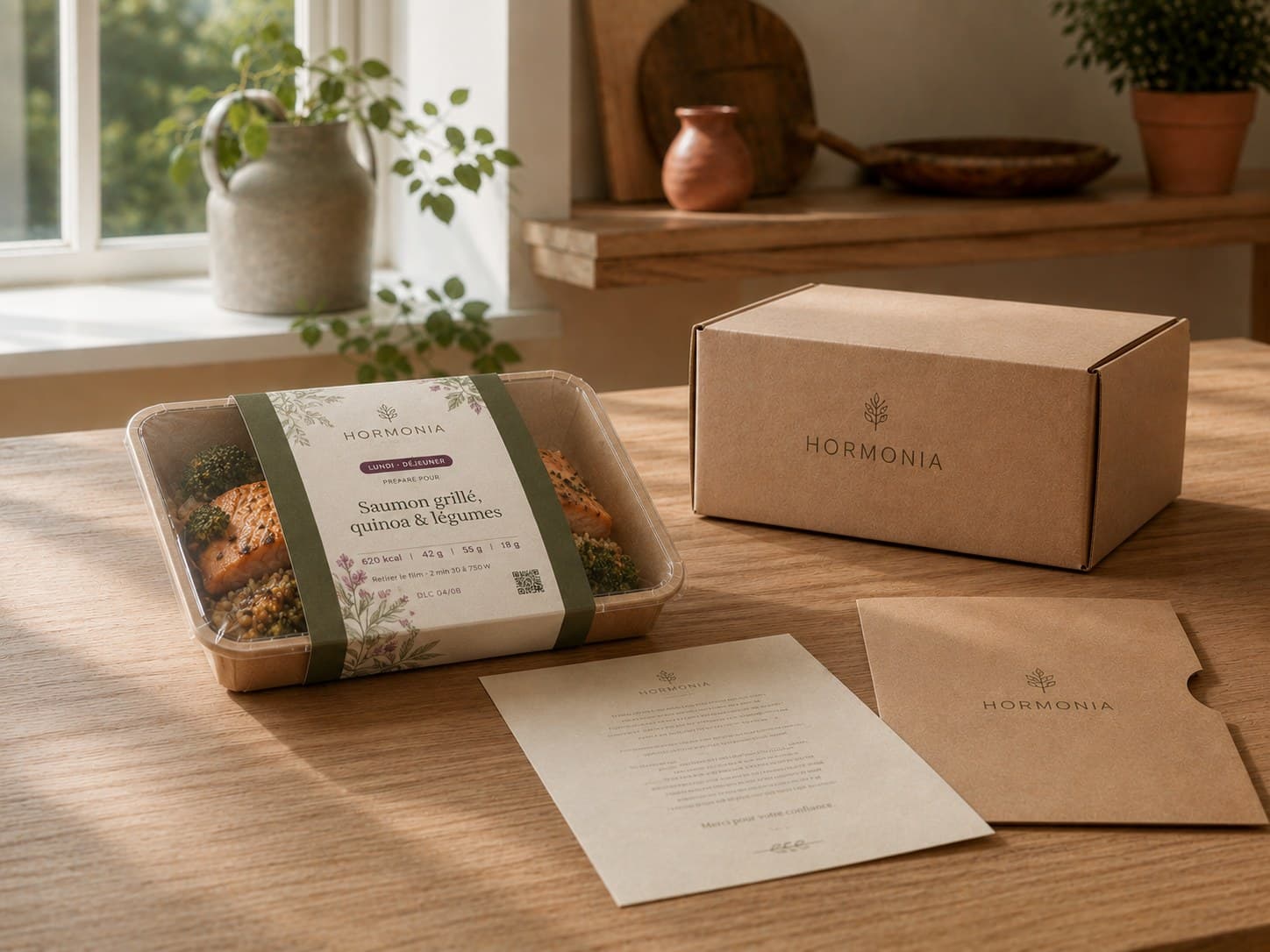 Un repas Hormonia sous film, son colis d'expédition et la lettre qui l'accompagne, sur une table en bois.