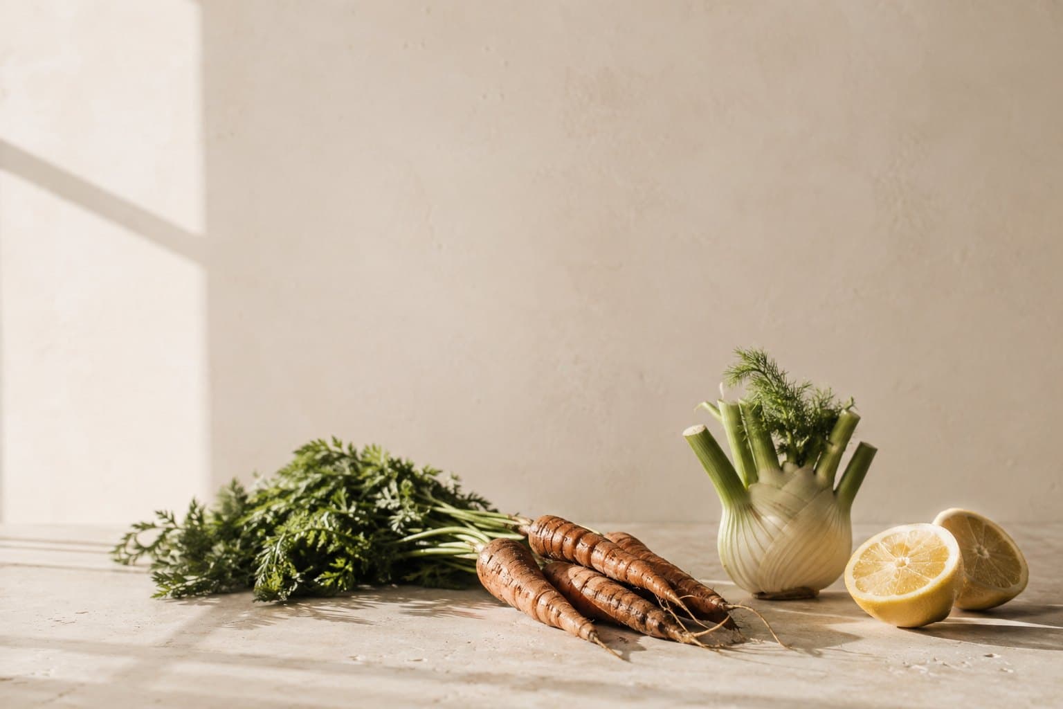 Carottes fanes, fenouil et citron posés sur une surface claire.